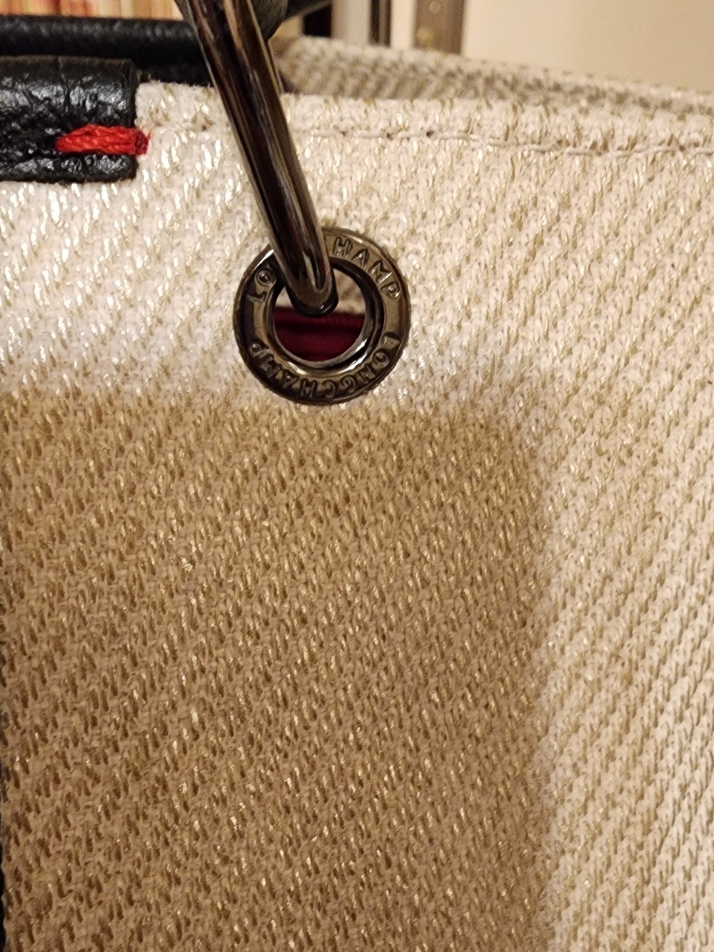 Longchamp Beige Canvas Tote with Black and Red Stripe - Picture 4 of 14